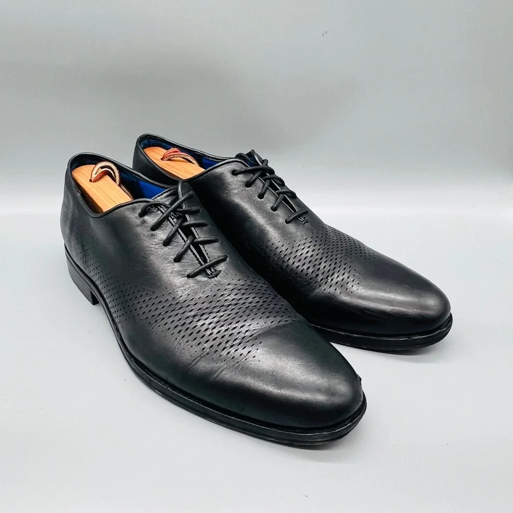Cole Haan Oxfords Mens 9.5 Black Leather Perforated Lace Up Grand.OS Dress Shoes